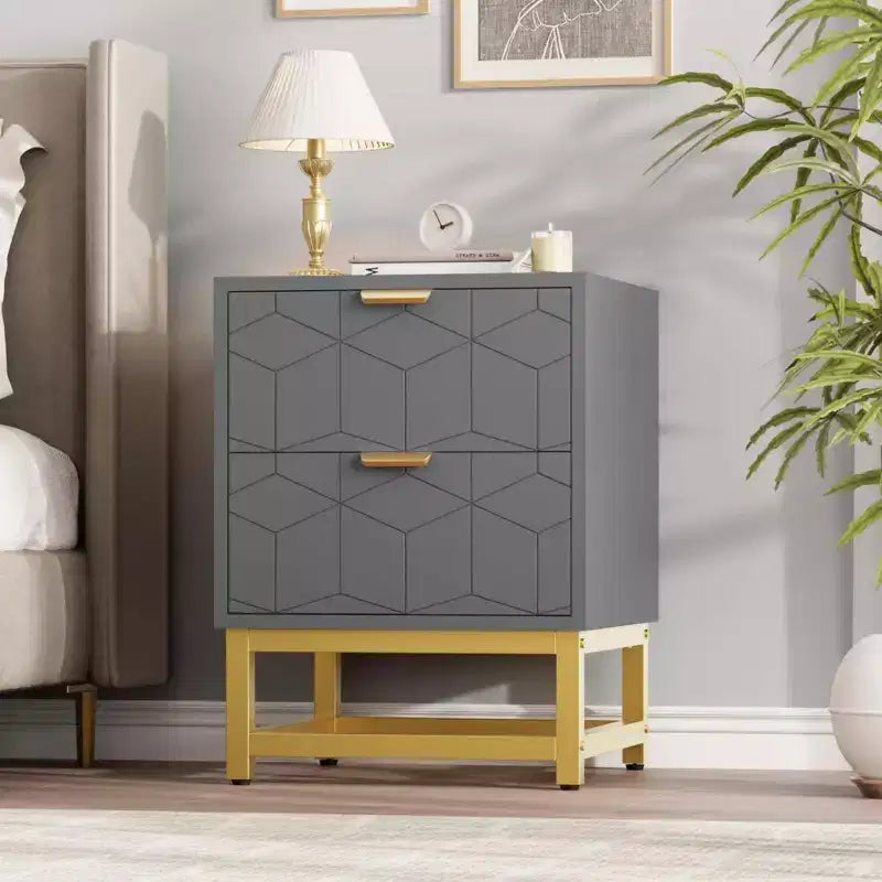 Small 2 Drawer Dresser with Gold Metal Base for Living Room, Hallway, Entryway, Nightstand
