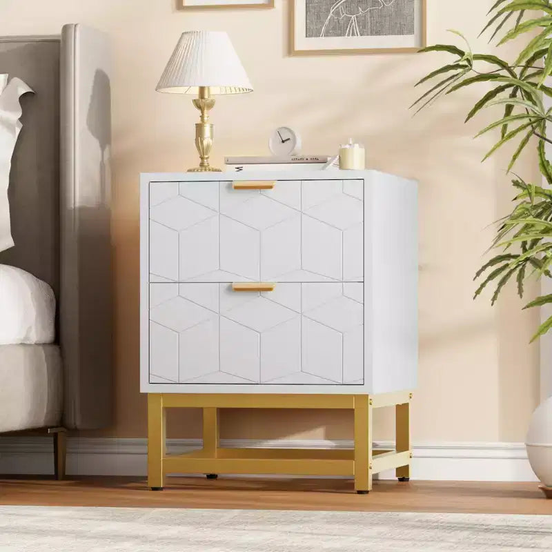 Small 2 Drawer Dresser with Gold Metal Base for Living Room, Hallway, Entryway, Nightstand