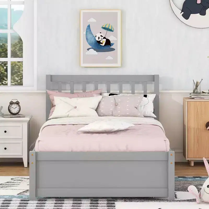 Bellemave Twin Size Bed Frame with Trundle,Wood Platform Bed with Headboard,Twin Bed Frames for Kids,Teens,Adults,No Spring Needed, Grey