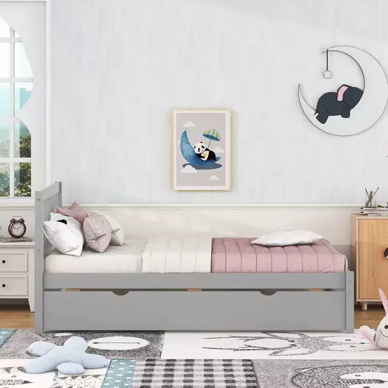 Bellemave Twin Size Bed Frame with Trundle,Wood Platform Bed with Headboard,Twin Bed Frames for Kids,Teens,Adults,No Spring Needed, Grey