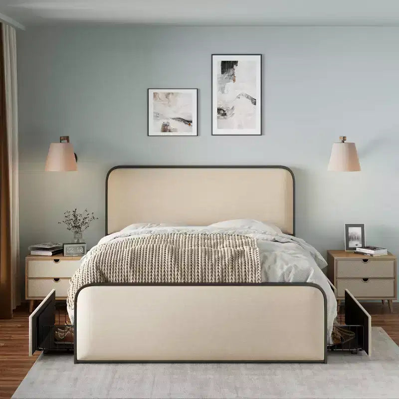 Modern Metal Bed Frame with Upholstered Headboard and 4 Drawers - Beige