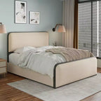Modern Metal Bed Frame with Upholstered Headboard and 4 Drawers - Beige
