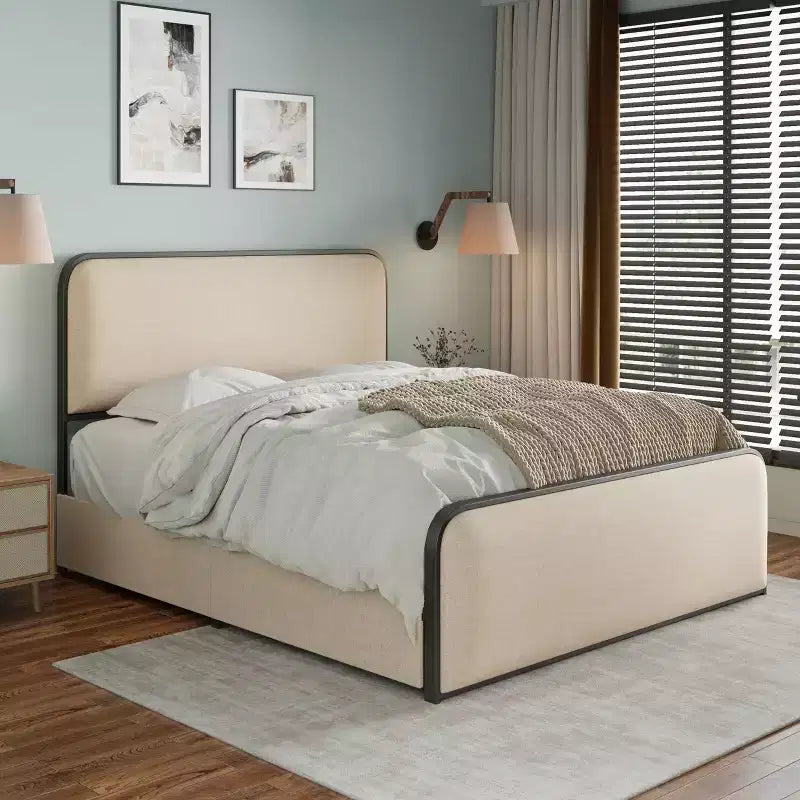 Modern Metal Bed Frame with Upholstered Headboard and 4 Drawers - Beige