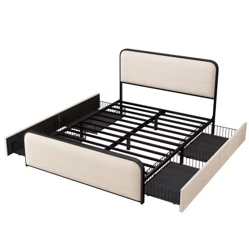 Modern Metal Bed Frame with Upholstered Headboard and 4 Drawers - Beige