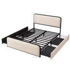 Modern Metal Bed Frame with Upholstered Headboard and 4 Drawers - Beige