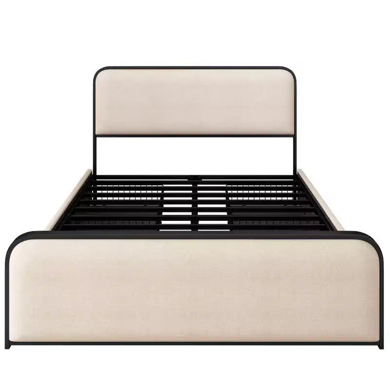 Modern Metal Bed Frame with Upholstered Headboard and 4 Drawers - Beige