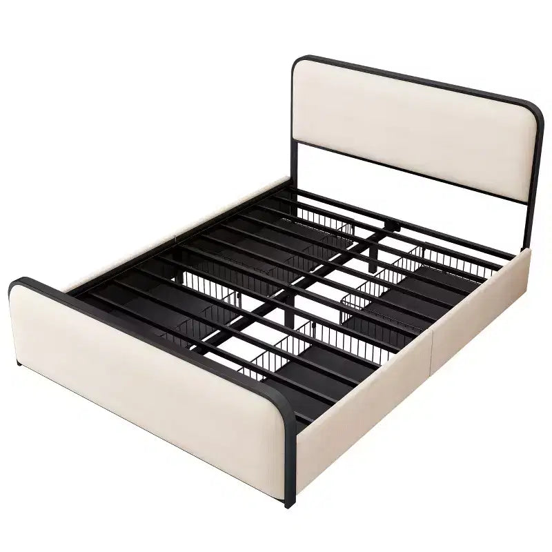 Modern Metal Bed Frame with Upholstered Headboard and 4 Drawers - Beige