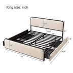 Modern Metal Bed Frame with Upholstered Headboard and 4 Drawers - Beige
