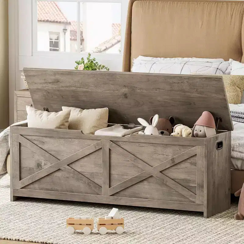 47 Storage Chest Bench with Safety Hinge, Large Wooden Toy Box Organizer for Bedroom or Entryway