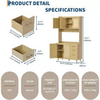 71 Tall Rattan Kitchen Pantry Cabinet, Boho Hutch with Microwave Shelf, Drawers, Hooks, Storage for Dining Room, Natural