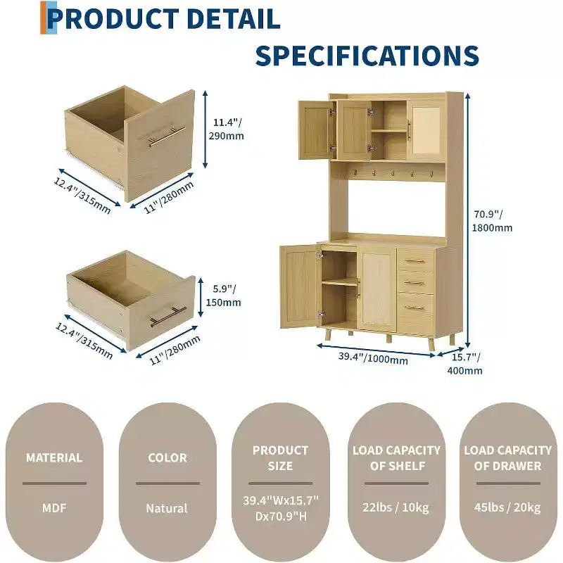 71 Tall Rattan Kitchen Pantry Cabinet, Boho Hutch with Microwave Shelf, Drawers, Hooks, Storage for Dining Room, Natural