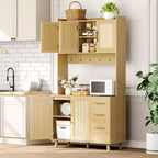 71 Tall Rattan Kitchen Pantry Cabinet, Boho Hutch with Microwave Shelf, Drawers, Hooks, Storage for Dining Room, Natural