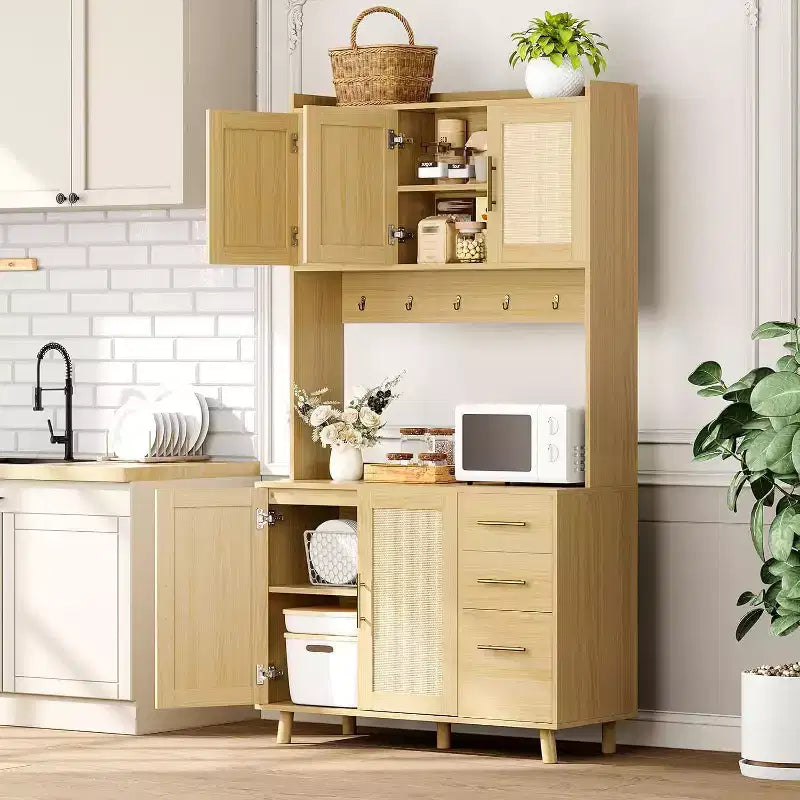 71 Tall Rattan Kitchen Pantry Cabinet, Boho Hutch with Microwave Shelf, Drawers, Hooks, Storage for Dining Room, Natural