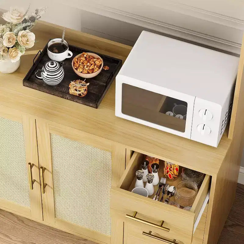 71 Tall Rattan Kitchen Pantry Cabinet, Boho Hutch with Microwave Shelf, Drawers, Hooks, Storage for Dining Room, Natural