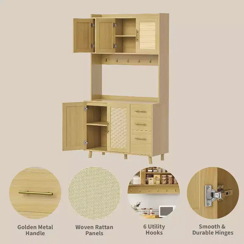 71 Tall Rattan Kitchen Pantry Cabinet, Boho Hutch with Microwave Shelf, Drawers, Hooks, Storage for Dining Room, Natural
