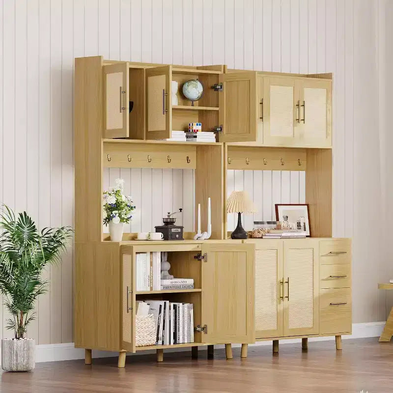 71 Tall Rattan Kitchen Pantry Cabinet, Boho Hutch with Microwave Shelf, Drawers, Hooks, Storage for Dining Room, Natural