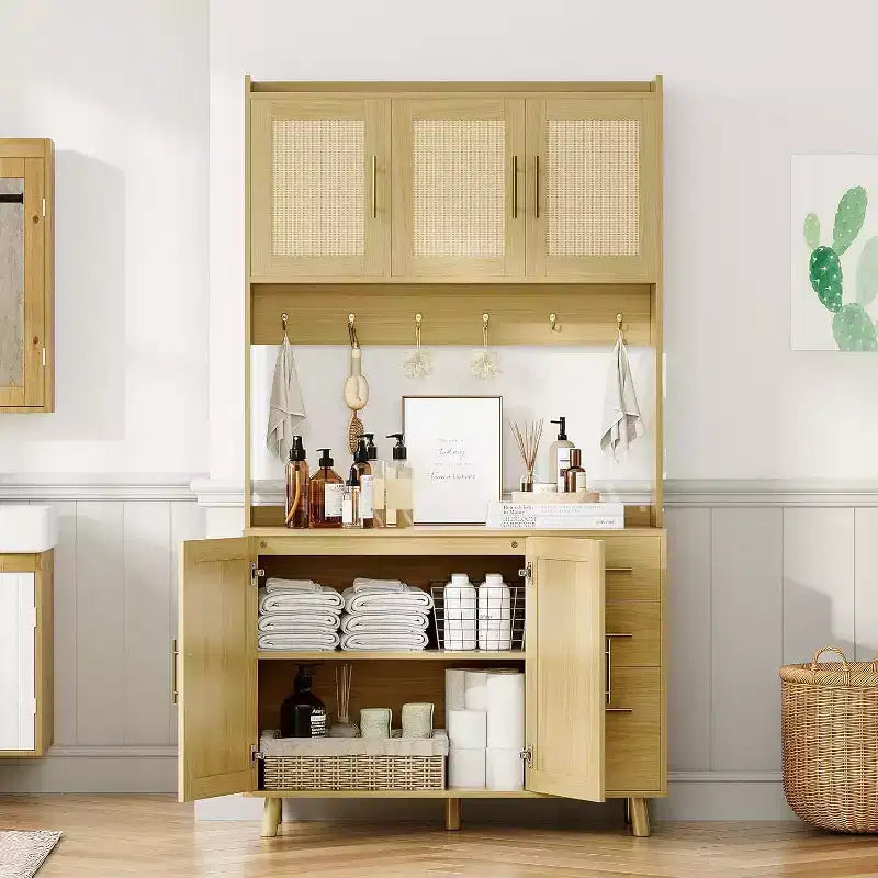 71 Tall Rattan Kitchen Pantry Cabinet, Boho Hutch with Microwave Shelf, Drawers, Hooks, Storage for Dining Room, Natural