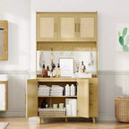 71 Tall Rattan Kitchen Pantry Cabinet, Boho Hutch with Microwave Shelf, Drawers, Hooks, Storage for Dining Room, Natural