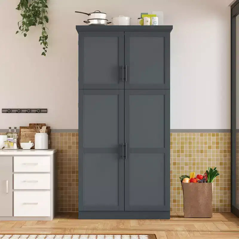 35.5 Freestanding Kitchen Pantry Cabinet with 4 Doors and Pull-out Trays