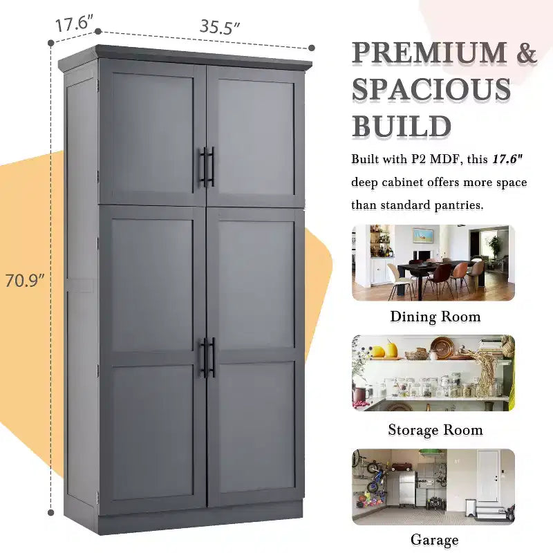 35.5 Freestanding Kitchen Pantry Cabinet with 4 Doors and Pull-out Trays