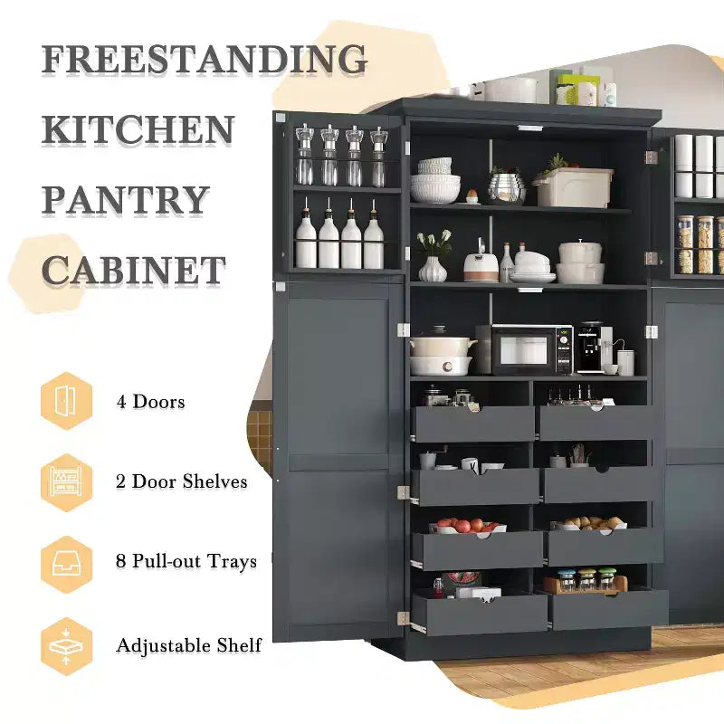 35.5 Freestanding Kitchen Pantry Cabinet with 4 Doors and Pull-out Trays