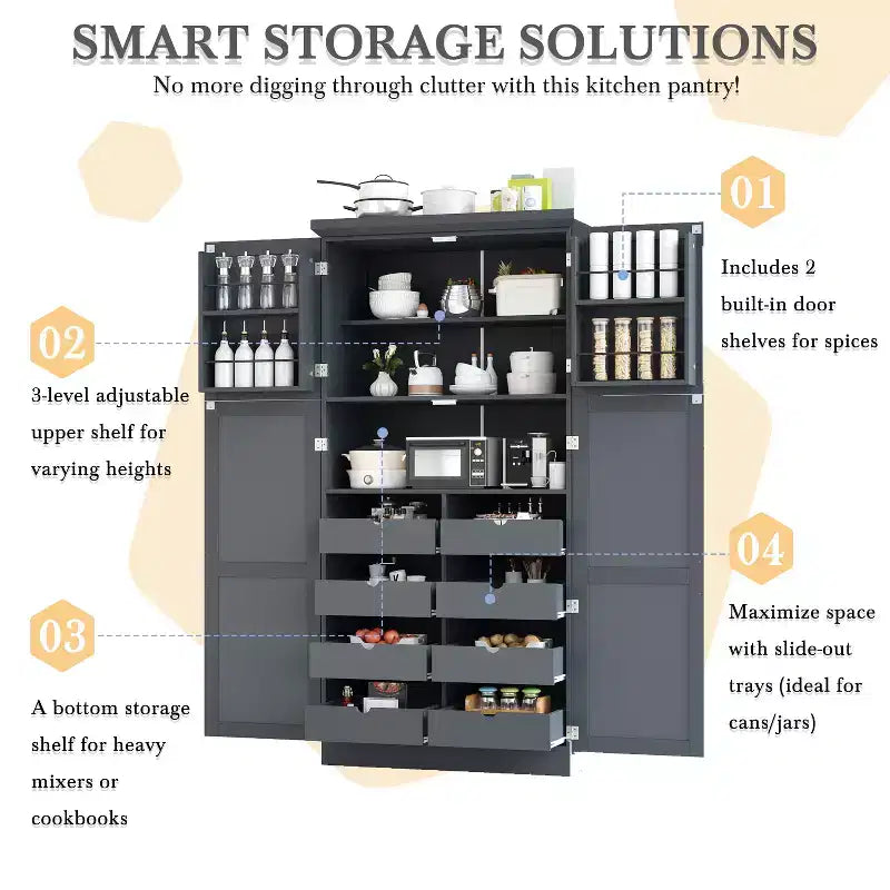 35.5 Freestanding Kitchen Pantry Cabinet with 4 Doors and Pull-out Trays