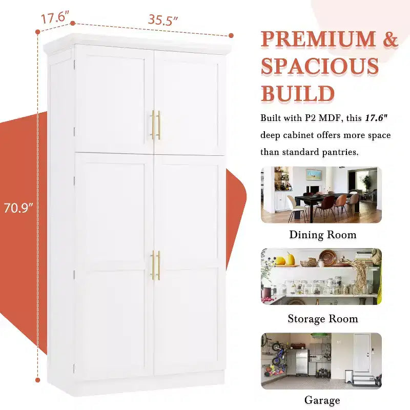 35.5 Freestanding Kitchen Pantry Cabinet with 4 Doors and Pull-out Trays
