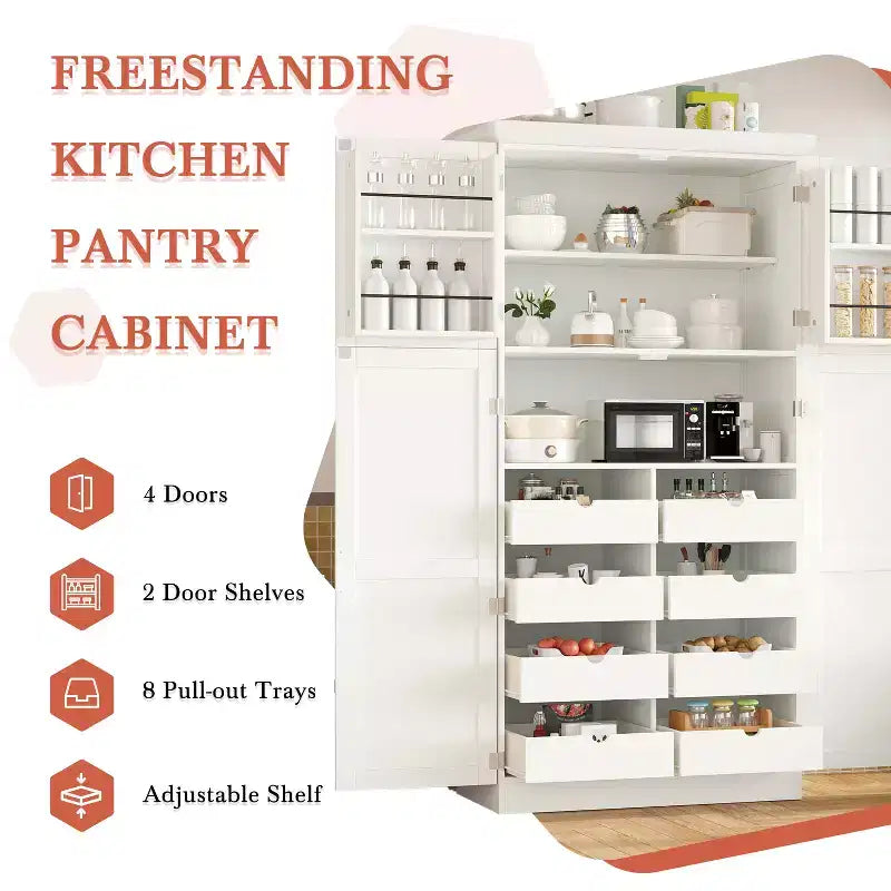 35.5 Freestanding Kitchen Pantry Cabinet with 4 Doors and Pull-out Trays