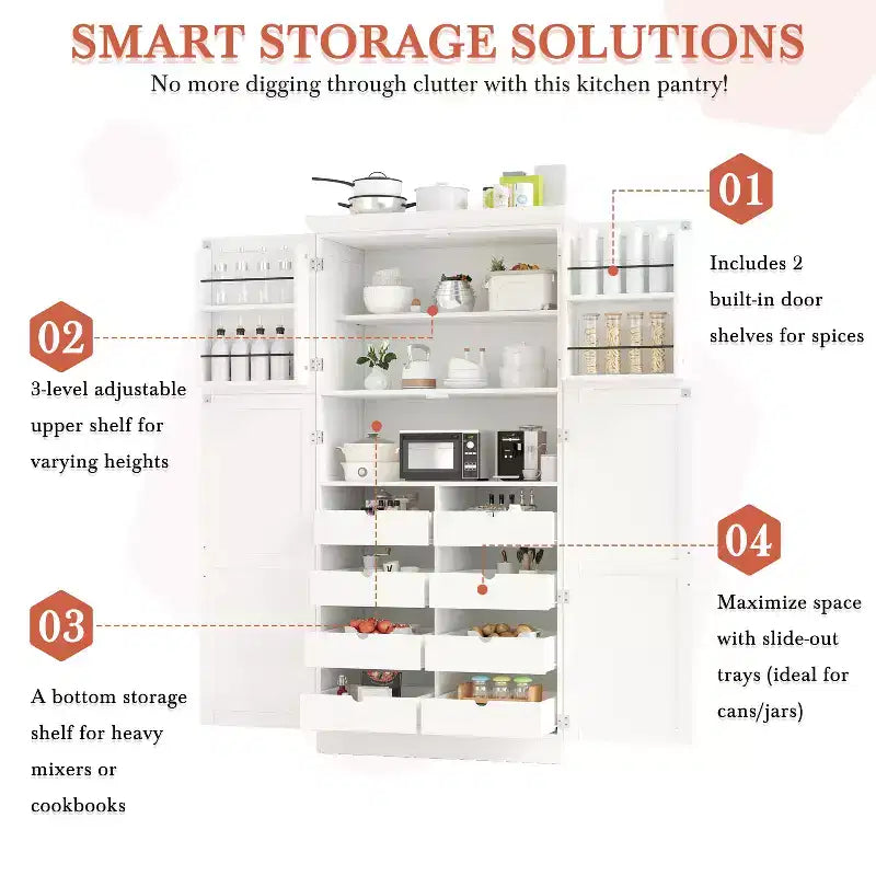 35.5 Freestanding Kitchen Pantry Cabinet with 4 Doors and Pull-out Trays