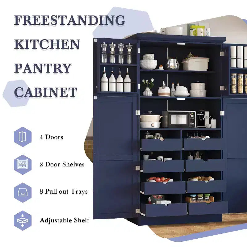 35.5 Freestanding Kitchen Pantry Cabinet with 4 Doors and Pull-out Trays