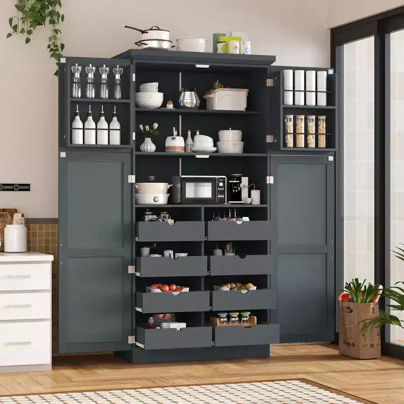 35.5 Freestanding Kitchen Pantry Cabinet with 4 Doors and Pull-out Trays