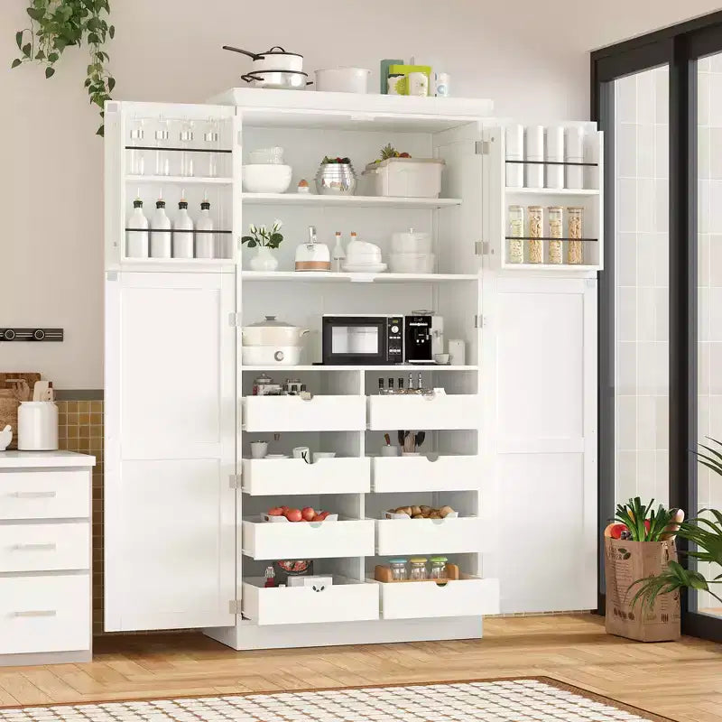 35.5 Freestanding Kitchen Pantry Cabinet with 4 Doors and Pull-out Trays