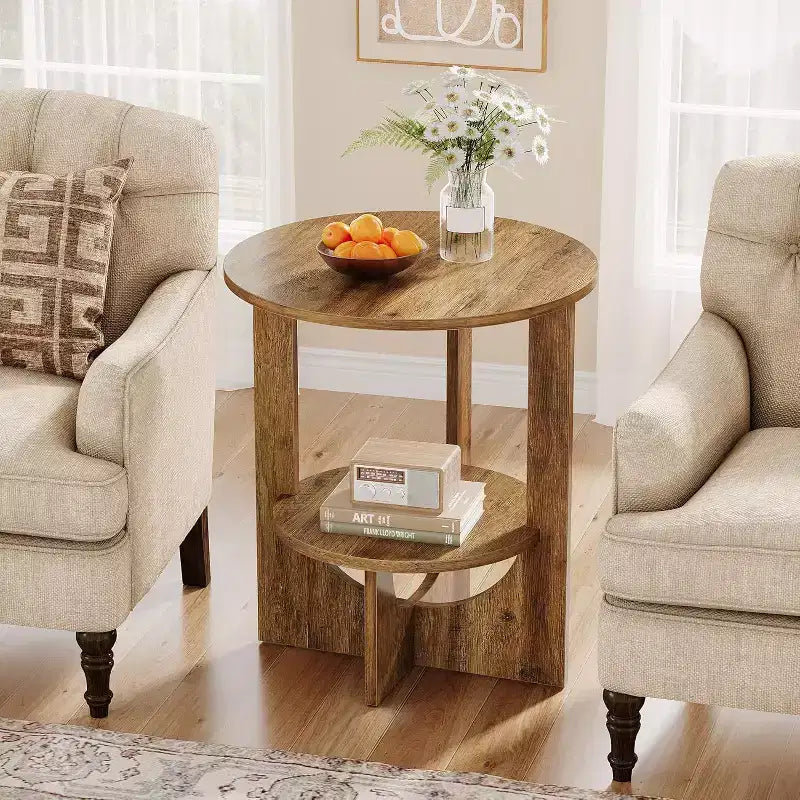 2-Tier Round End Table with Storage, for Living Room, Bedroom & Small Spaces, Modern Narrow Nightstand, Easy Assembly, Brown