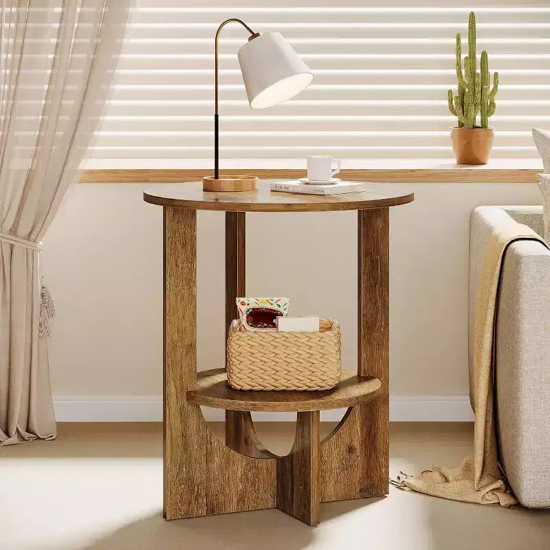 2-Tier Round End Table with Storage, for Living Room, Bedroom & Small Spaces, Modern Narrow Nightstand, Easy Assembly, Brown