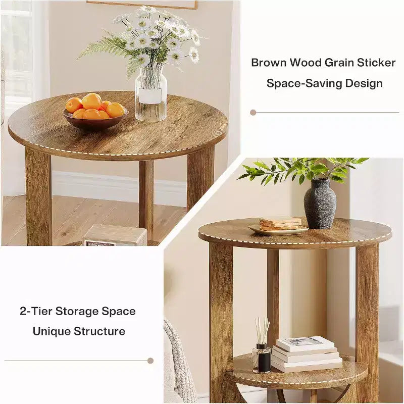 2-Tier Round End Table with Storage, for Living Room, Bedroom & Small Spaces, Modern Narrow Nightstand, Easy Assembly, Brown