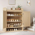 5-Tier Rattan Shoe Cabinet Storage Organizer with 2 Doors Adjustable Wooden Entryway Hallway Closet Living Room Natural