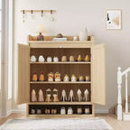 5-Tier Rattan Shoe Cabinet Storage Organizer with 2 Doors Adjustable Wooden Entryway Hallway Closet Living Room Natural