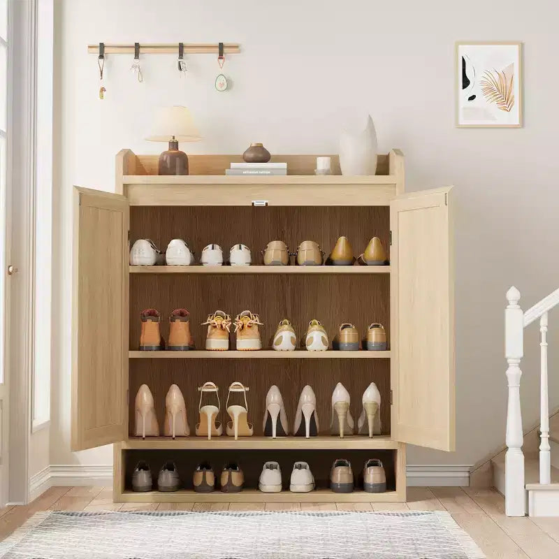 5-Tier Rattan Shoe Cabinet Storage Organizer with 2 Doors Adjustable Wooden Entryway Hallway Closet Living Room Natural