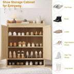 5-Tier Rattan Shoe Cabinet Storage Organizer with 2 Doors Adjustable Wooden Entryway Hallway Closet Living Room Natural
