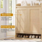 5-Tier Rattan Shoe Cabinet Storage Organizer with 2 Doors Adjustable Wooden Entryway Hallway Closet Living Room Natural