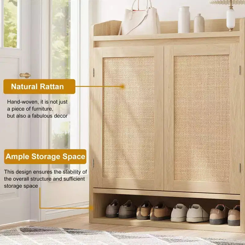 5-Tier Rattan Shoe Cabinet Storage Organizer with 2 Doors Adjustable Wooden Entryway Hallway Closet Living Room Natural