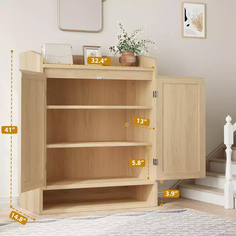 5-Tier Rattan Shoe Cabinet Storage Organizer with 2 Doors Adjustable Wooden Entryway Hallway Closet Living Room Natural