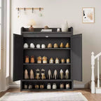 5-Tier Rattan Shoe Cabinet Storage Organizer with 2 Doors Adjustable Wooden Entryway Hallway Closet Living Room Natural
