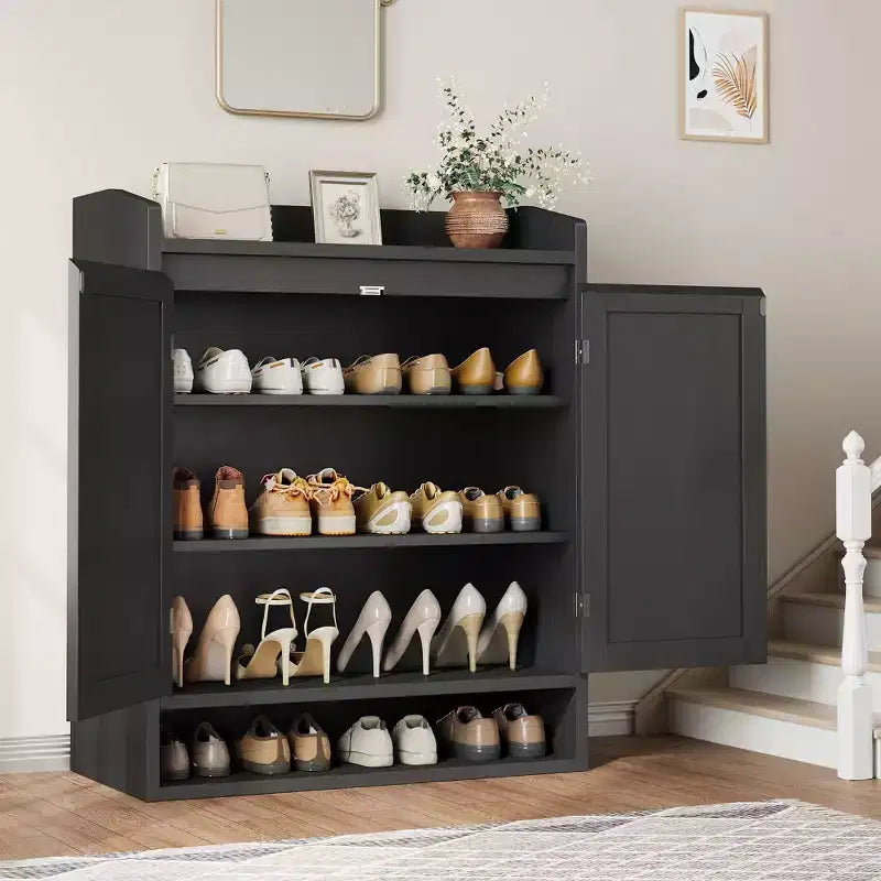 5-Tier Rattan Shoe Cabinet Storage Organizer with 2 Doors Adjustable Wooden Entryway Hallway Closet Living Room Natural