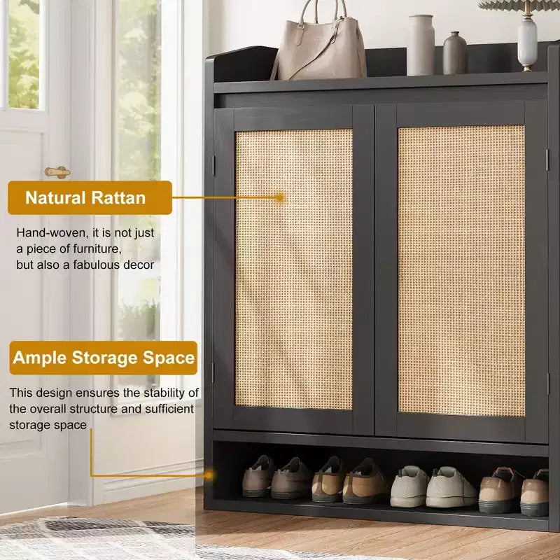 5-Tier Rattan Shoe Cabinet Storage Organizer with 2 Doors Adjustable Wooden Entryway Hallway Closet Living Room Natural