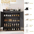 5-Tier Rattan Shoe Cabinet Storage Organizer with 2 Doors Adjustable Wooden Entryway Hallway Closet Living Room Natural