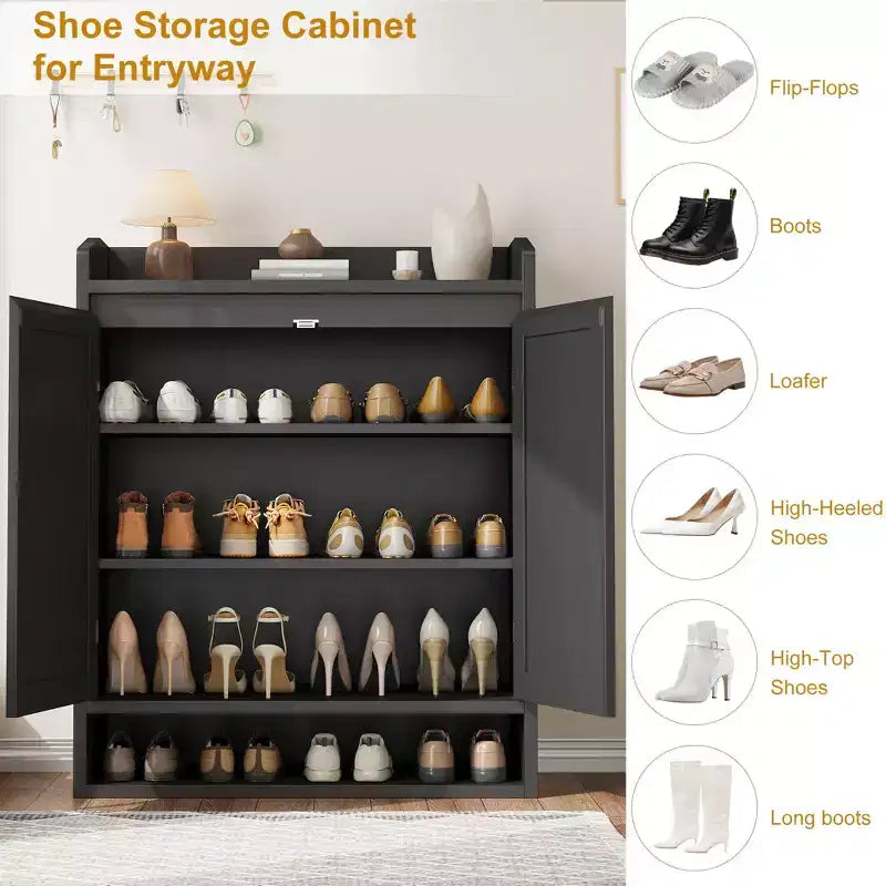 5-Tier Rattan Shoe Cabinet Storage Organizer with 2 Doors Adjustable Wooden Entryway Hallway Closet Living Room Natural