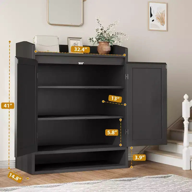 5-Tier Rattan Shoe Cabinet Storage Organizer with 2 Doors Adjustable Wooden Entryway Hallway Closet Living Room Natural