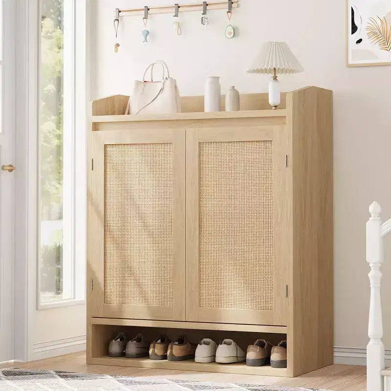 5-Tier Rattan Shoe Cabinet Storage Organizer with 2 Doors Adjustable Wooden Entryway Hallway Closet Living Room Natural