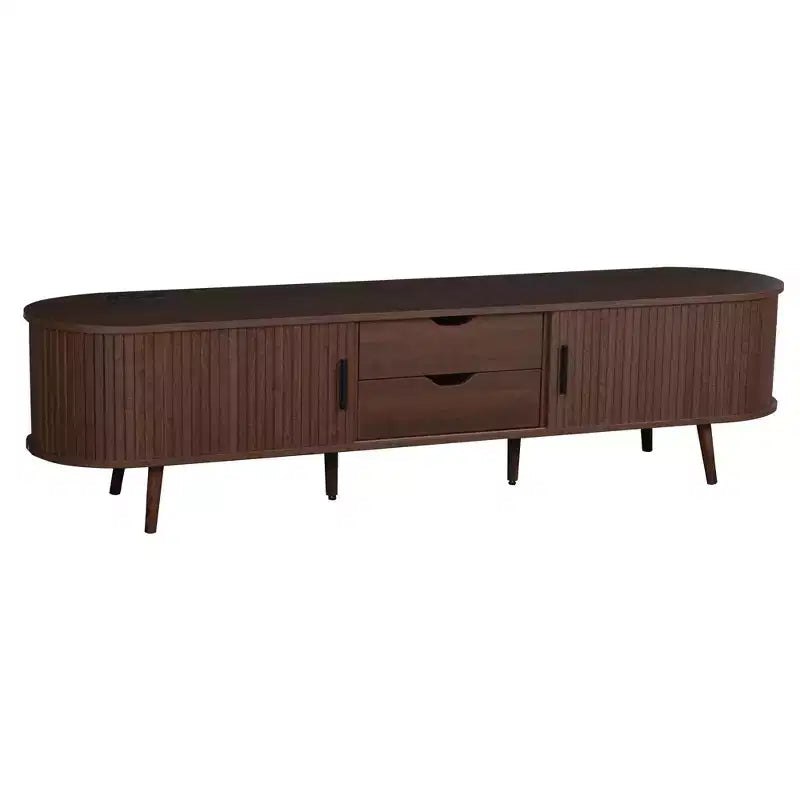 70 Mid-Century Modern TV Stand with Tambour Doors, Drawers and Built-In Power Outlet for 80 TV, Walnut